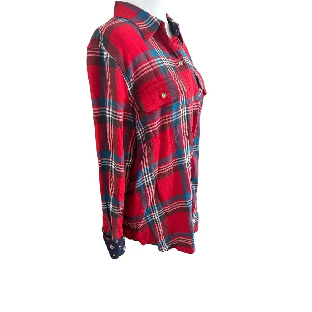 Chaps Women's Red Plaid Button-Up Shirt Floral Cuff Accent Size M